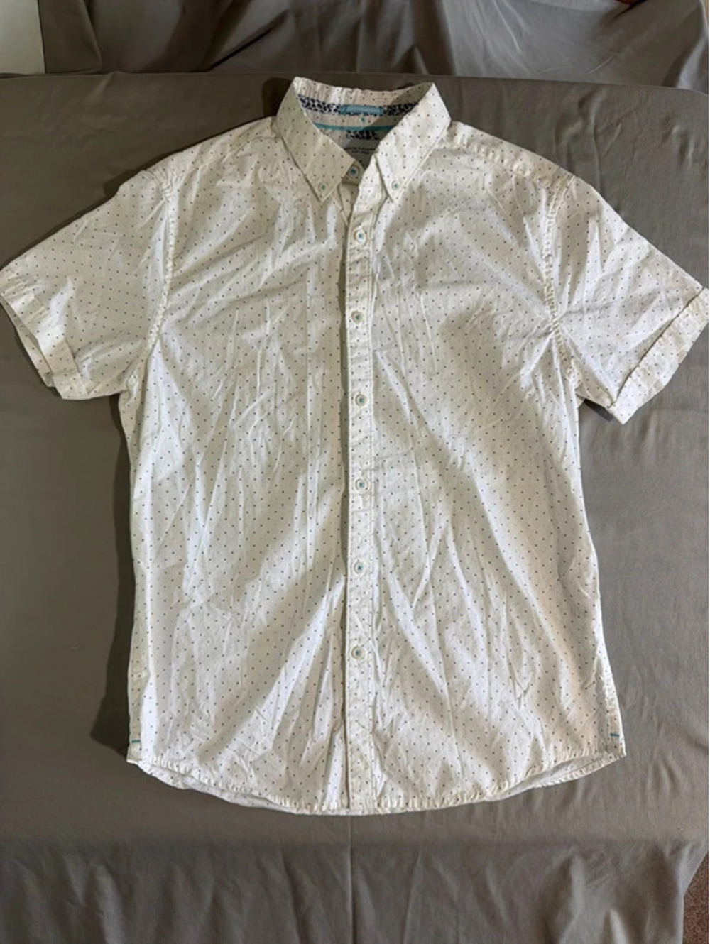Denim Flower Shirt Mens Sz M Button Down Slim Fit White Blue Polka Dot